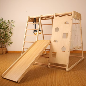 Estructura de Madera Sólida para Escalar con Tobogán, Columpio, Anillo y Cuerda de Escalada, Combinación para Parques de Diversiones Interiores y Exteriores - Product Image 1