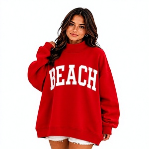 Customized Applique Letter <b>Women's</b> Winter Autumn Daily Wear Oversized <b>Red</b> Color Mock Neck Drop Shoulder Pullover <b>Sweatshirt</b> - Product Image 1