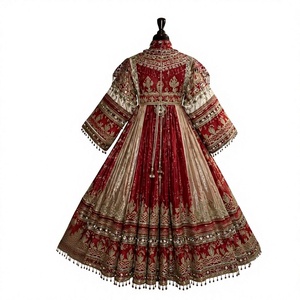 Vintage Red Velvet Ball Gown High Neck Full Sleeve Embroidered Floral Floor-Length <b>Dress</b> With Belt And Tassels - Product Image 1