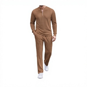 Ensemble de sport deux pièces décontracté pour homme, style jeune et tendance, respirant, col montant, couleur unie, fermeture éclair, manches longues - Product Image 2