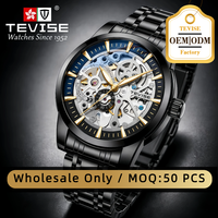 Montre mécanique automatique squelette pour homme TEVISE personnalisée, mouvement en acier inoxydable, bracelet en acier inoxydable, étanche 3BAR