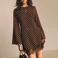 Robe Courte Femme Personnalisée OEM Marron à Pois Manches Longues Col Rond Vintage Ourlet Dentelle Automne Décontractée en Mousseline