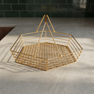 <b>Gold</b> Wire <b>Storage</b> <b>Basket</b> Polygon Shape With Handle Minimalist Kitchen Organizer Standing Type Single Tier Metal Wire <b>Basket</b> - Product Image 1
