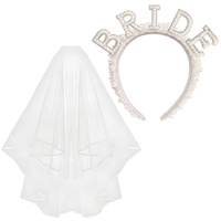 Kit moderne de bandeau, voile et ceinture de mariée orné de perles avec diadème - Cadeau pour fête prénuptiale et enterrement de vie de jeune fille (Ceinture blanche argentée)