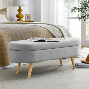 Oval <b>Storage</b> Bench Grey 43.5x16x16 Rubber Wood Legs With <b>Cushion</b> For Entryway Or Bedroom - Product Image 2