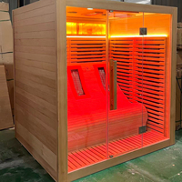 Sauna Hemlock WiFi Modern Mewah untuk Luar Ruangan, 3-4 Orang, Sauna Uap Kering Inframerah dengan Kursi Santai dan Dinding Garam untuk Terapi di Rumah