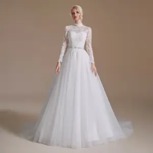 Halter Off the shoulder Lace Wedding Dress with Long Sleeve with Sash Bridal Dress Gown RL080