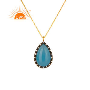 Collar de Plata Chapado en Oro de 18k Hecho a Mano con Colgante de Calcedonia Azul y Circonita, Fabricante de Joyería - Product Image 1