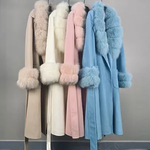 2022 Women Autumn Winter Fashion Candy Color Double Sided Wool Coat Belted Genuine Fox Fur Collar And Cuffs