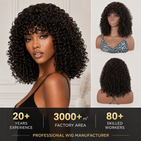 Perruque Courte Afro Frisée Kinky Marron Foncé de Qualité Supérieure, Directement de l'Usine, avec Frange, Résistante à la Chaleur, Cheveux Synthétiques, Ligne de Cheveux Naturelle, Sans Colle