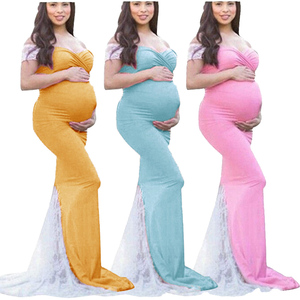 Robe longue extensible en coton rose pour femmes enceintes, vêtements de <span class=keywords><strong>grossesse</strong></span> en jersey, robes de maternité de grande taille pour séance photo, sans épaule - Product Image 1