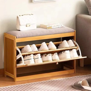 Ultra-thin double-layer modern home entrance <b>bamboo</b> shoe bench rack with flip-top storage and ventilation indoor shoe cabinet - Product Image 1