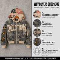 Blouson Bomber à Capuche Camouflage Foncé Personnalisé 500 g/m² avec Logo Stencil Pulvérisé, Broderie Bouclier Tactique, Bordure Côtelée, Vêtement d'Extérieur Streetwear OEM ODM