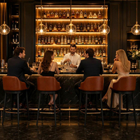 Tabouret de bar commercial en bois massif avec pieds en bois, siège en cuir, dossier incurvé rembourré, chaise haute de comptoir pour restaurant, personnalisable OEM