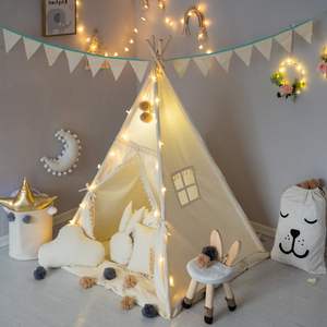 Tente tipi portable beige pour enfants, maison de jeu, tente de jeu en toile de coton pour enfants, tente tipi de plage pour enfants - Product Image 4