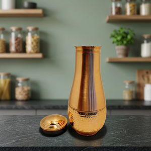 Premium Dual Finish Pure Copper Bedside Carafe Jar 1500ml <b>Brushed</b> and Hammered Copper Pot Luxury Wellness Metal Drinkware Set - Product Image 2