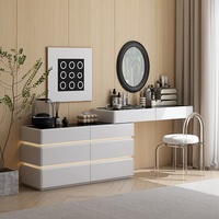Table de maquillage minimaliste italienne en bois avec miroir, tiroirs intégrés et éclairage d'ambiance - Rangement de chevet pour chambre à coucher