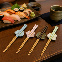 Repose-baguettes en bois et céramique motif fleur, 4 paires, 4 pièces, Sakura, Cadeau de Nouvel An Japonais, Ensemble de vaisselle
