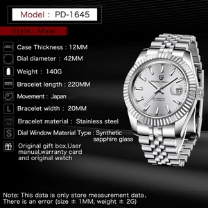 Montre automatique PAGANI DESIGN PD-1645 pour homme, étanche 100 m, 42 mm, acier inoxydable, verre saphir, calendrier. - Product Image 6