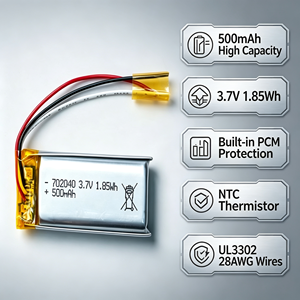Batería Recargable de Iones de Litio 702040 de 3.7V 500mAh 1.85Wh con Cable Previamente Conectado para Juguetes y Electrónica de Consumo - Product Image 4