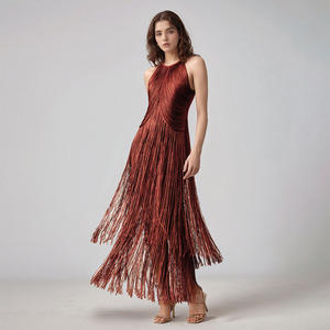 <span class=keywords><strong>Abito</strong></span> <span class=keywords><strong>Lungo</strong></span> Sexy con Collo all'Americana e Frange, Vestito Aderente Senza Maniche con Schiena Scoperta per Serate ed Eventi - Product Image 1