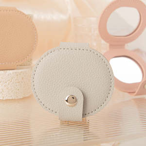 Oval Pu Leather <b>Compact</b> <b>Mirror</b> Double Sided Folding With Snap Button Closure Portable Pocket <b>Mirror</b> For Women Girls Wholesale - Product Image 4
