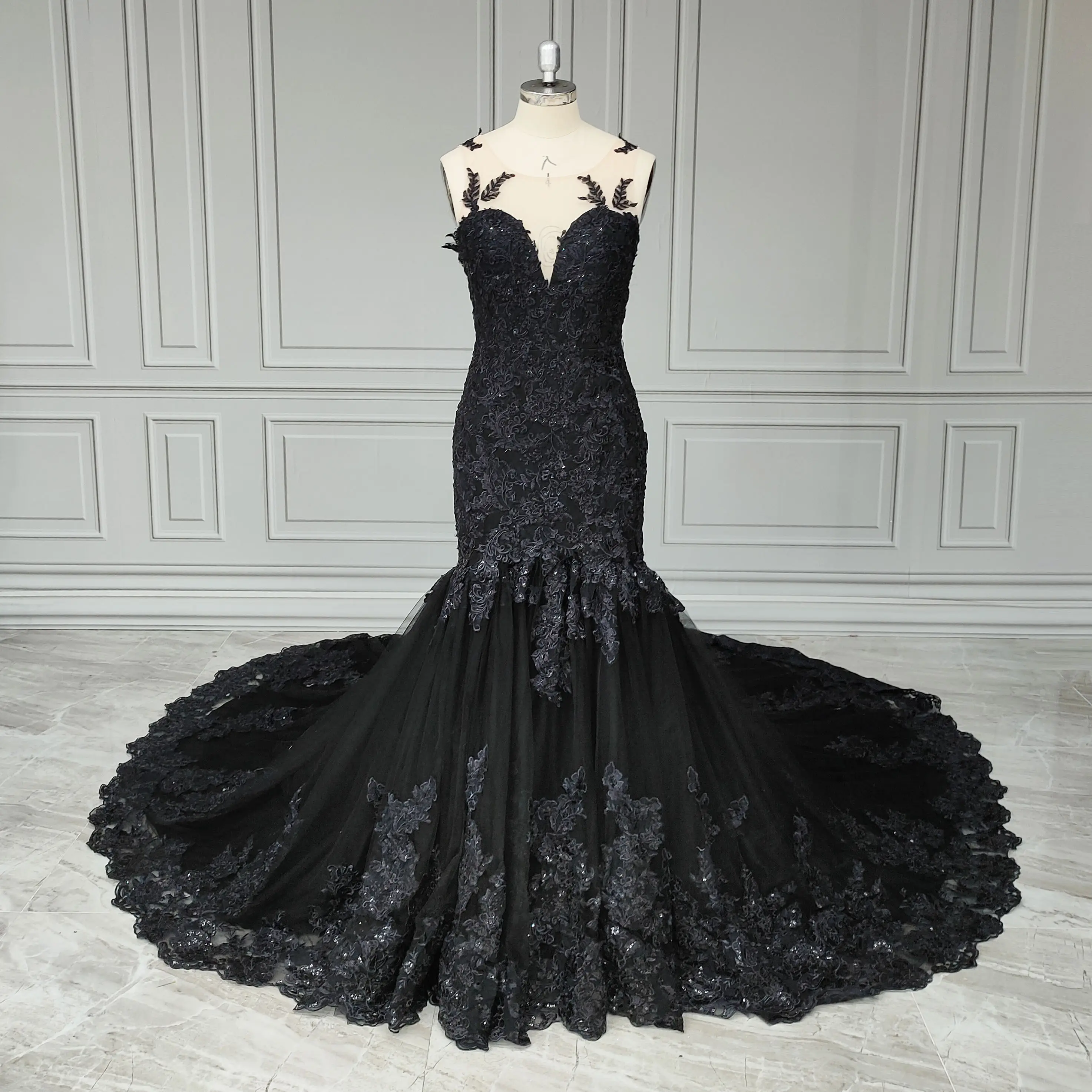 100% Real Photos High Quality Gorgeous Black Beaded Appliques Lace Mermaid Wedding Dress Elegant Women Bride Gowns With Cloak