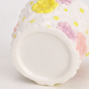 Vaso in Ceramica Fatto a Mano Redeco con Motivo Floreale a Margherita, Contenitore 3D in Rilievo per Piante Grasse, Fiori Gialli Rosa Bianchi, Tre Misure, Decorazione - Product Image 4