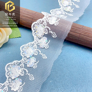 6cm <strong>White</strong> Sequined Milk Silk Mesh <strong>Lace</strong> Trim, Floral Leaf Embroidery Ribbon for Skirt Hem <strong>Dress</strong> Garment Accessories Wholesale - Product Image 4