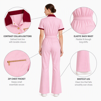 Seragam Kerja Medis Wanita OEM, Jumpsuit Satu Potongan dengan Kerah Kontras, Pinggang yang Dapat Disesuaikan, Kaki Model Bootcut, untuk Klinik dan Rumah Sakit