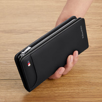 Dompet Pria Panjang RFID Asli Kulit Asli Modis dengan Ritsleting Hitam