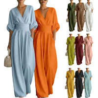 LWC01 Combinaison décontractée tendance pour femme, col en V, manches mi-longues, taille cintrée, jambe large, combinaison une pièce pour femmes avec poche
