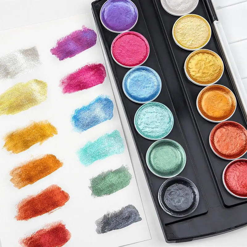 12 Metallic Colorsアーティスト固形水彩ペイント1セット水でブラシペン
