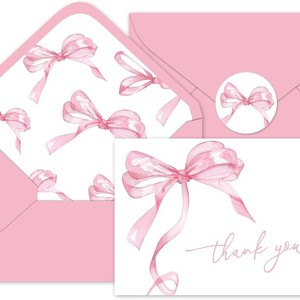 Tarjetas de agradecimiento con lazo rosa, sobres y pegatinas, tarjetas de felicitación en blanco con efecto acuarela, acabado mate elegante, forma rectangular - Product Image 1