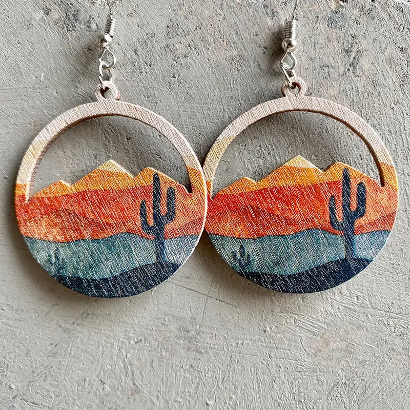 American West Geometric Round Earrings Western Scenery Cactus Printed Wooden Earrings