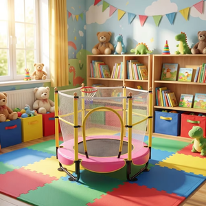 Zoshine Safe Indoor Mini Trampoline for Kids with Safety Enclosure Net and Basketball <strong>Hoop</strong> Toddler Jumping Bed - Product Image 1