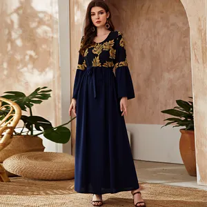 2021 Plus Size Long Sleeve Maxi Dress for Women Elegant Ethnic Print Arabic Oman Muslim Embroidery Clothes 4XL