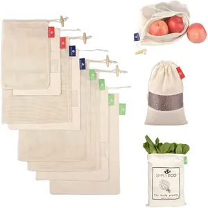 Reusable Cotton Mesh Grocery Bags Hot Sale Eco Friendly Reusable Produce Shopping Grocery Mesh Net Small Cotton Muslin Drawstring Bags For Vegetables And Fruits