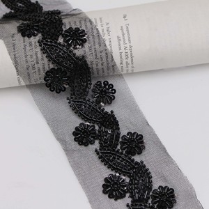 Tela de Encaje Bordado con Malla Negra y Blanca, Tela para Coser Ropa, Adorno de Cuentas de Cristal, Adorno de Lentejuelas con Flores para Disfraces - Product Image 3