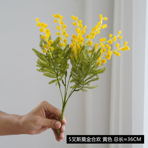 K162 Yboland tallo corto Acacia <span class=keywords><strong>flores</strong></span> artificiales amarillo <span class=keywords><strong>Mimosa</strong></span> Spray cereza fruta rama boda hogar Mesa decoración flor - Product Image 3