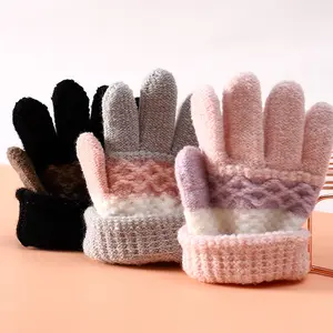 Sarung tangan rajut hangat anak-anak, sarung tangan rajut jari penuh bergaris musim dingin lucu untuk anak laki-laki dan perempuan umur 3-8 tahun