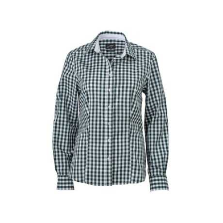 Ladies' Fashionable Satin Blouse Women's Tops in XL Size Checked Shirt with Embroidered Logo and Solid Inserts at Collar Cuff