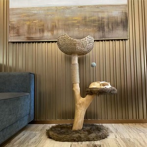 Moderner Katzenbaum aus Kiefernholz mit handgewebten Papierkörben, Sisal-Kratzbaum, 108 cm hoch, 3-stufiges Katzenmöbel für drinnen - Product Image 3