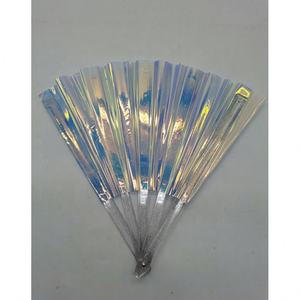 Nouvel arrivage de haute qualité, durable, imprimé personnalisé, plastique néon réfléchissant irisé côtelé grand ventilateur à main en PVC violet - Product Image 4