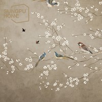 Papier peint personnalisé SUNGPU Chinoiserie Chaleureuse Écologique Non-tissé Motif Plumier et Pie pour Hôtel, Salon de Thé, Maison