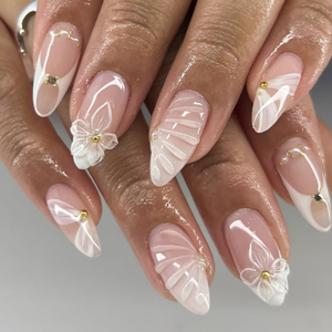 <span class=keywords><strong>Uñas</strong></span> Postizas Acrílicas 3D Estilo Francés, Color Rosa y Blanco, Diseño Floral Delicado, Forma Almendrada, 24 Piezas, con Pegamento, Personalizables - Product Image 1