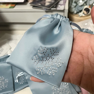 Luxury Jewelry Gift Packaging Pouch Bag Custom <strong>Satin</strong> Drawstring Pocket with Hotfix Rhinestone - Product Image 1
