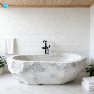 Baignoire autoportante d'intérieur de style occidental en marbre beige de forme ovale en pierre naturelle à vendre - Product Image 1