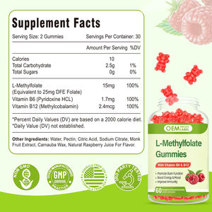 OEM Organik 15mg L-Metilfolat Jelibonları, Metil B12, Folat Vitamin B6 B12 Takviyesi ile Beyin Fonksiyonlarını Destekler ve Ruh Halini İyileştirir - Product Image 2
