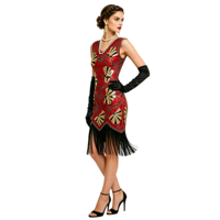 Robe de soirée vintage pour femme, style Charleston des années 20, col en V, sans manches, à sequins et pompons, mi-longue, moulante, en polyester tissé, en stock